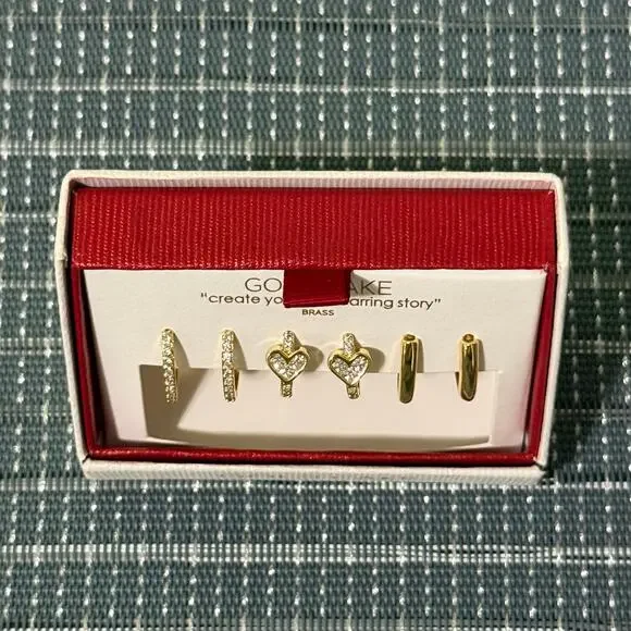 NEW | Gold Cake | Cubic Zirconia Huggie Earrings Set of 3 - Picture 2 of 3
